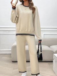 Devine Round Neck Dropped Shoulder Top and Pants Sweater Set Trandify Deal