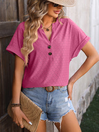 Mandy Eyelet Notched Short Sleeve T-Shirt Trandify deal