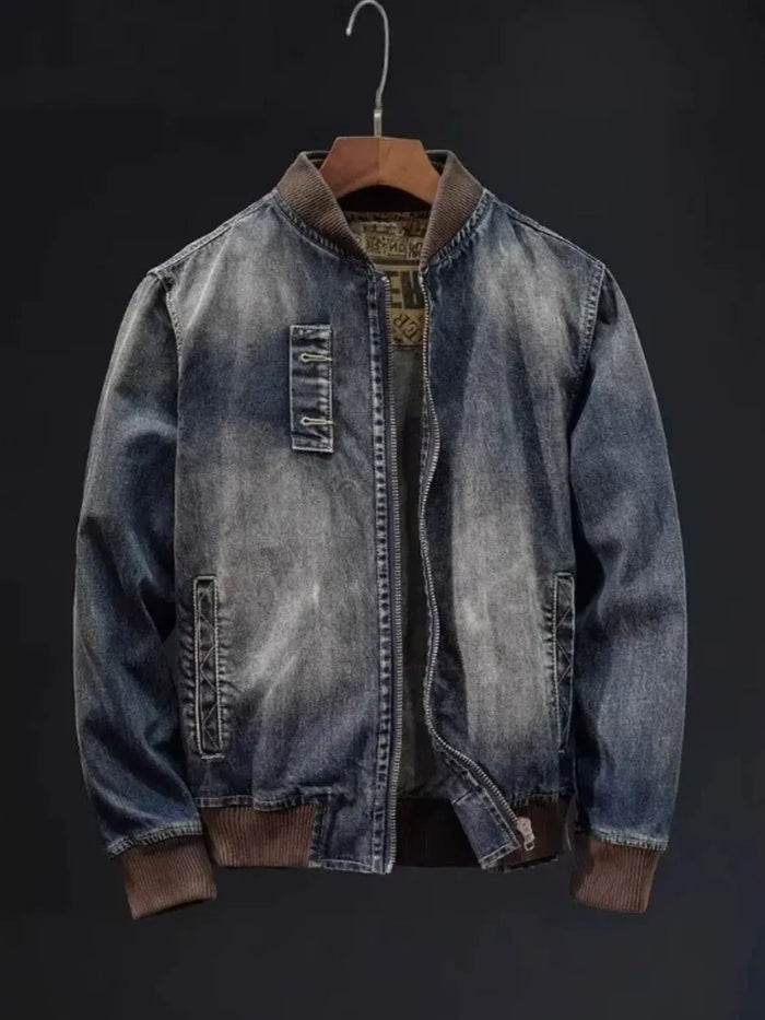 Men's plus size washed denim bomber jacket