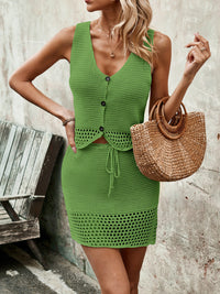 Button Up Sleeveless Top and Drawstring Skirt Set Trandify deal