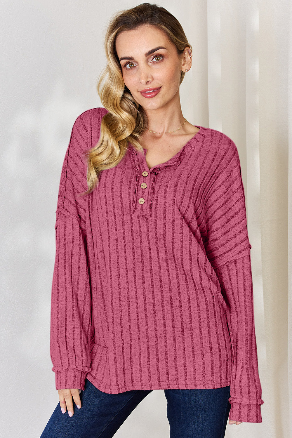 Basic Bae Full Size Ribbed Half Button Long Sleeve T-Shirt Trandify Deal