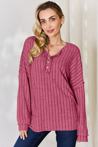 Basic Bae Full Size Ribbed Half Button Long Sleeve T-Shirt Trandify Deal