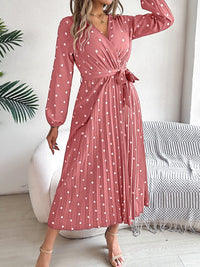 Tied Polka Dot Long Sleeve Midi Dress Trandify deal