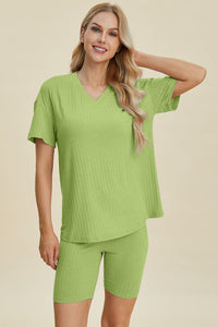 Basic Bae Full Size Ribbed V-Neck Short Sleeve Top and Shorts Set Trandify deal
