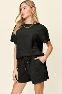 Double Take Full Size Texture Short Sleeve T-Shirt and Drawstring Shorts Set - Trandify Deal