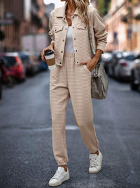 Plaid Texture Snap Down Top and Pants Set Trandify deal