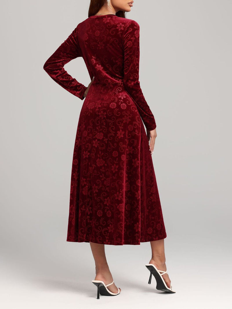 Flower Print V-Neck Long Sleeve Midi Dress Trandify Deal