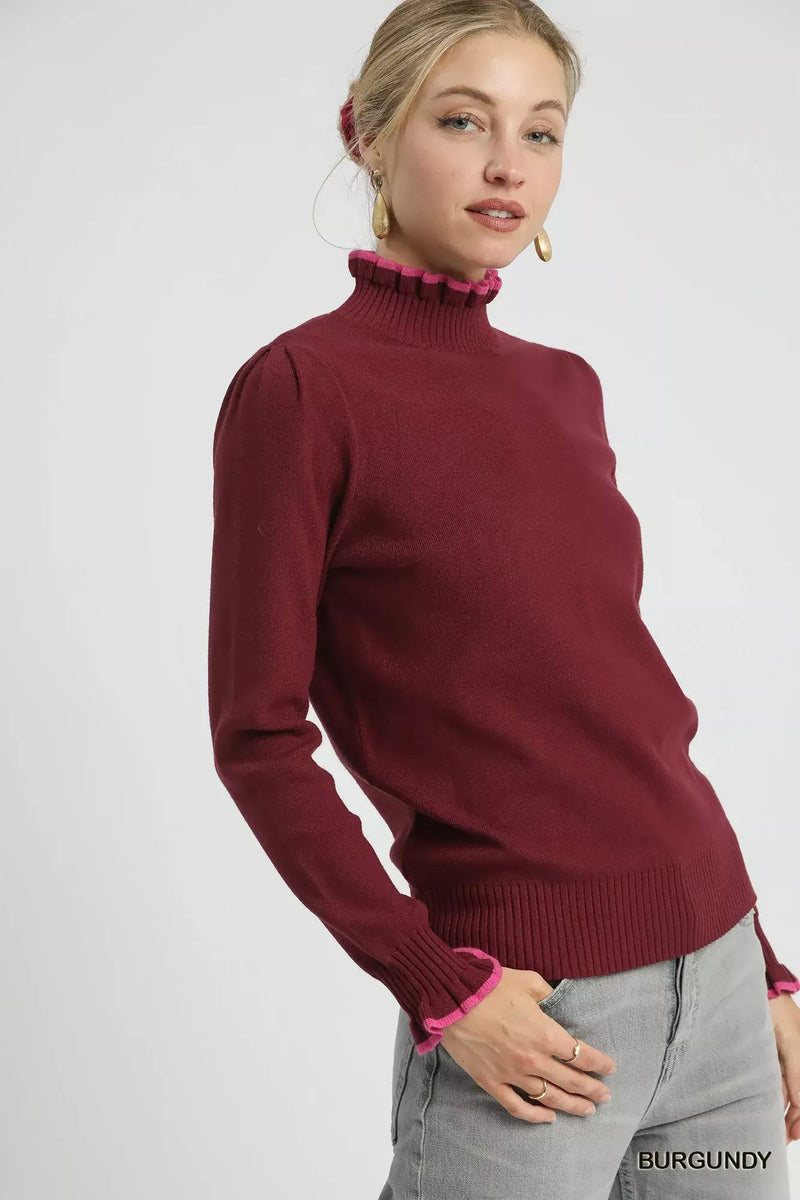 Women's soft ribbed sweater with ruffle contrast trim neckline, casual knit top