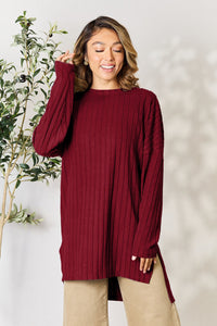 Basic Bae Full Size Ribbed Round Neck Long Sleeve Slit Top Trandify Deal