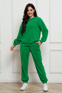 Corduroy Round Neck Sweatshirt and Sweatpants Set Trandify Deal