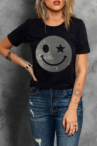Rhinestone Smiley Round Neck Short Sleeve T-Shirt - Trandify Deal