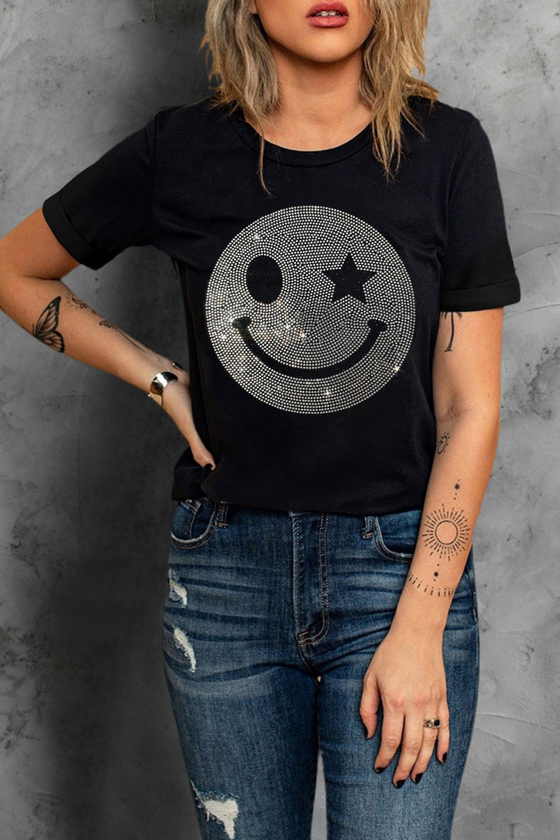 Rhinestone Smiley Round Neck Short Sleeve T-Shirt - Trandify Deal