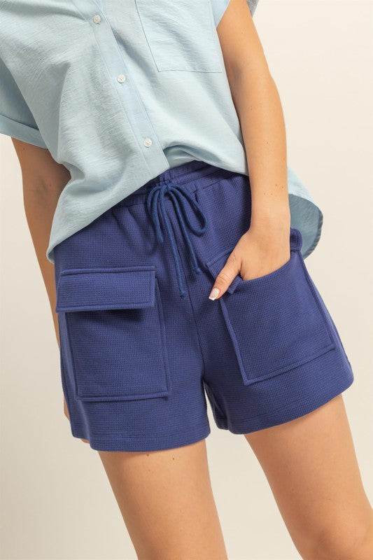 Drawstring Waffle Knit Shorts for Women – Front Pocket Design
