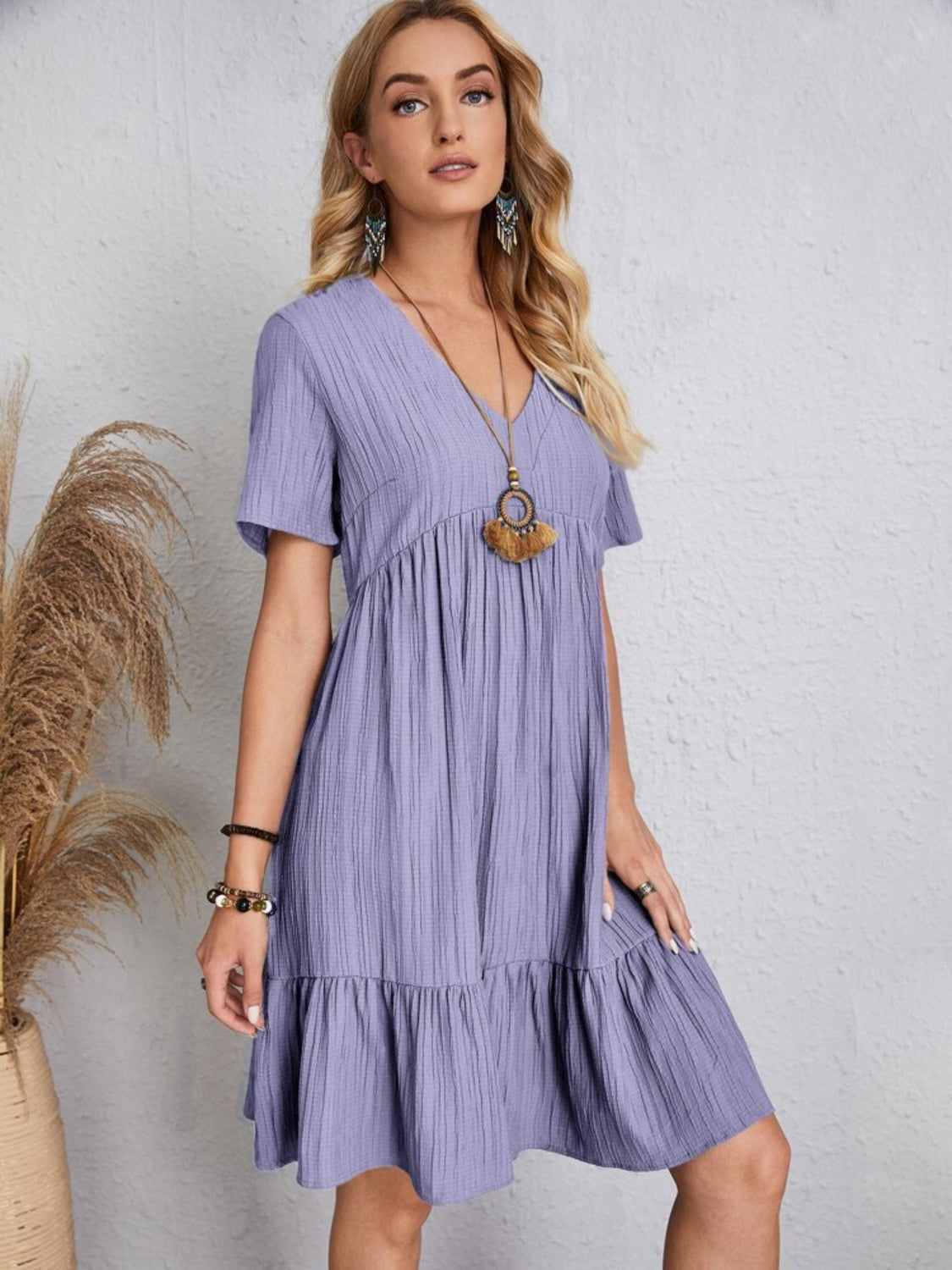 Full Size V-Neck Short Sleeve Dress Trandify deal