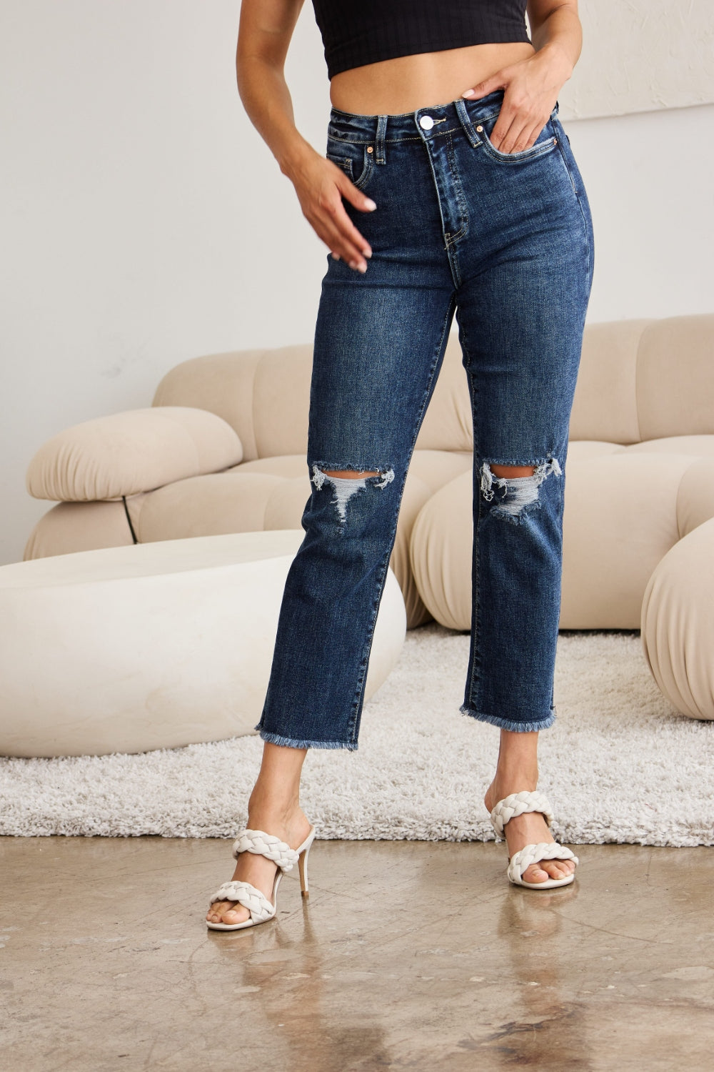 RFM Full Size Tummy Control Distressed High Waist Raw Hem Jeans Trandify deal