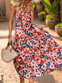 Perfee Frill Backless Printed Sleeveless Midi Dress Trandify Deal