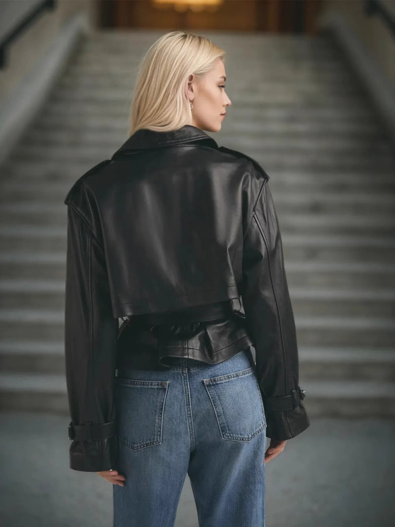 Classic Women’s Black Leather Jacket – Water-Resistant Long Trench Coat for Office Wear