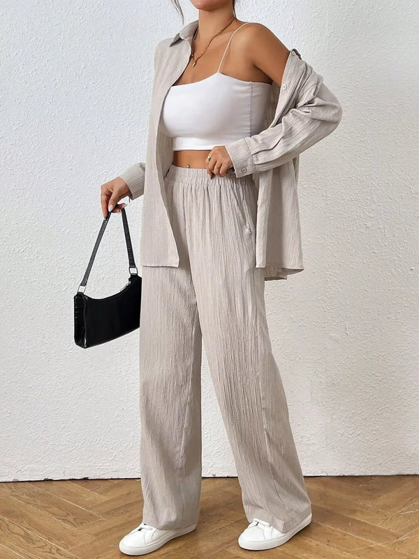 Women's Button Up Shirt and Pants Set in Off-white, casual office wear