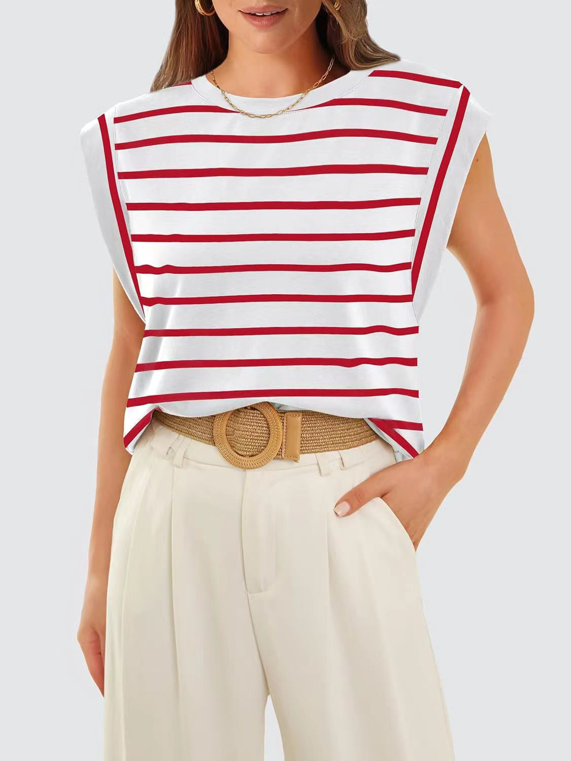 Striped Round Neck Cap Sleeve T-Shirt Trandify deal