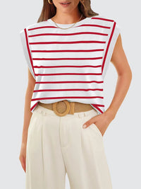 Striped Round Neck Cap Sleeve T-Shirt Trandify deal