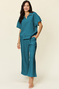 Double Take Full Size Texture Half Zip Short Sleeve Top and Pants Set - Trandify Deal