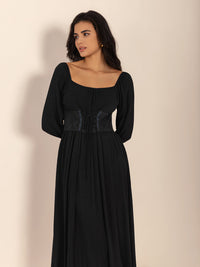 Lace-Up Square Neck Long Sleeve Midi Dress Trandify deal