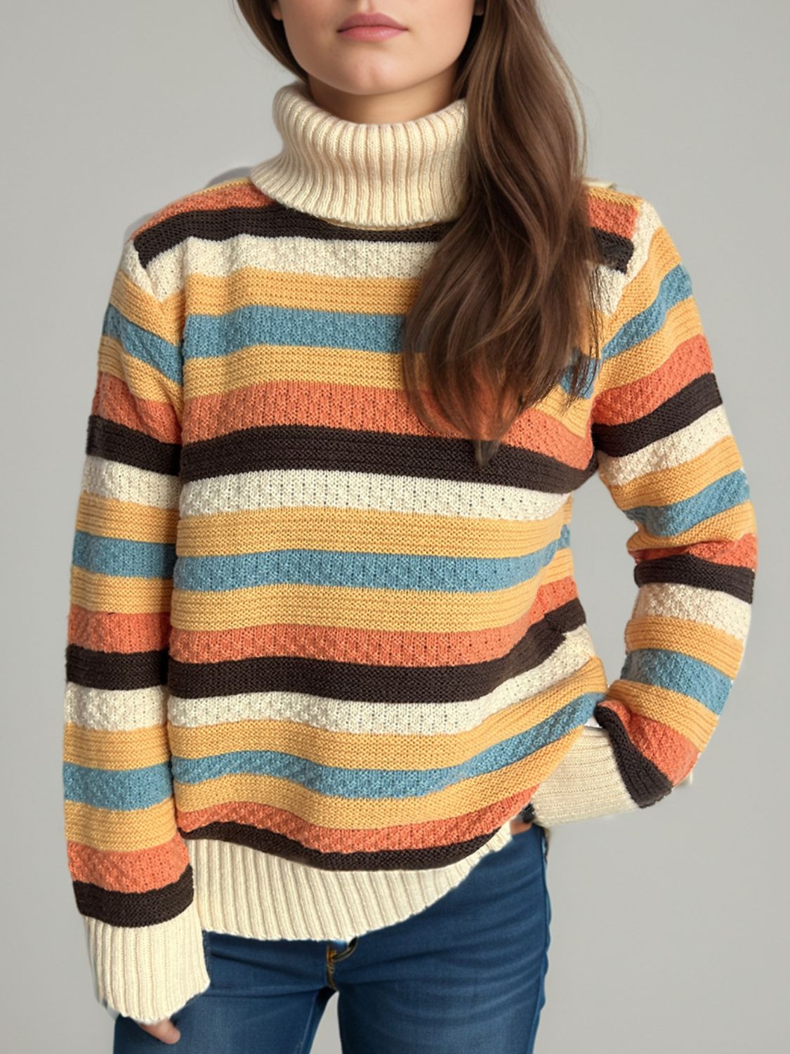 Contrast Stripes Turtleneck Long Sleeve Sweater Trandify Deal