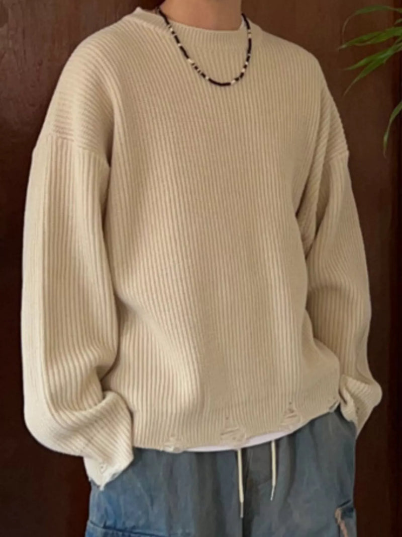 Men's Oversized Sweater - Distressed Raw Hem Drop Shoulder