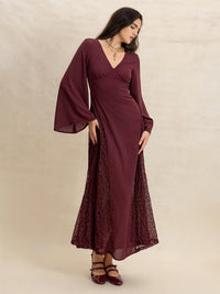 Lace Patchwork V-Neck Long Sleeve Midi Dress Trandify Deal