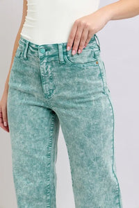 Judy Blue High Waist Dad Jeans in garment dyed wash with raw hem detail