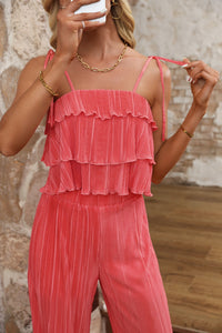 Layered Tie Shoulder Top and Wide Leg Pants Set Trandify deal