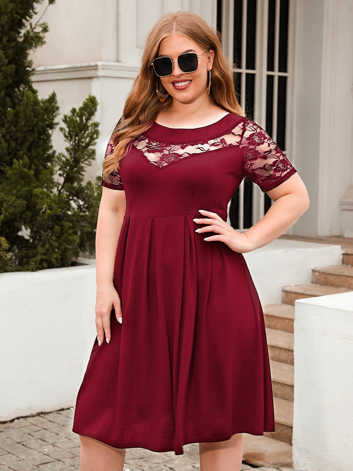 Plus Size Ruched Round Neck Short Sleeve Dress Trandify deal
