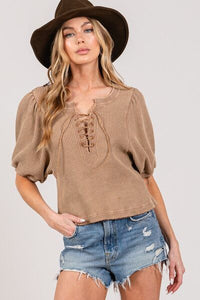 SAGE+FIG women’s lace-up crop top in waffle knit fabric, boho streetwear style, free shipping USA