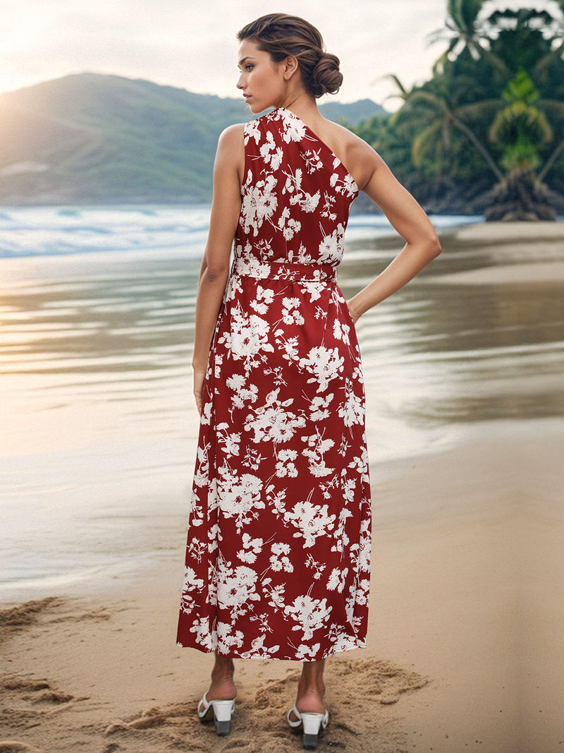 Printed Single Shoulder Sleeveless Dress Trandify deal