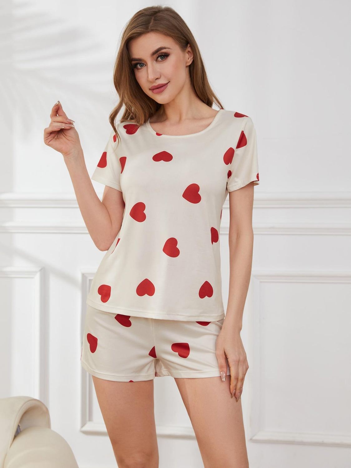 Heart Round Neck Top and Shorts Lounge Set Trandify deal
