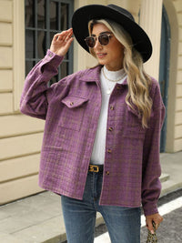 Plaid Collared Neck Long Sleeve Jacket Trandify Deal
