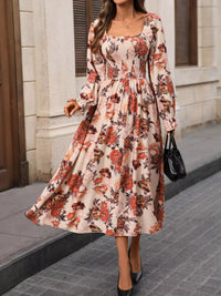 Floral smocked mini dress with ruffled flounce sleeves for women