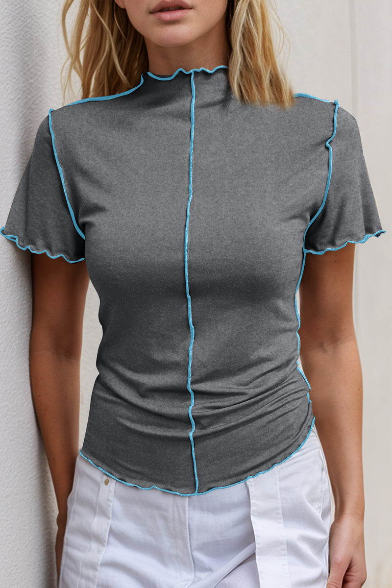 Basic Bae Contrast Trim Mock Neck Short Sleeve T-Shirt - Trandify Deal