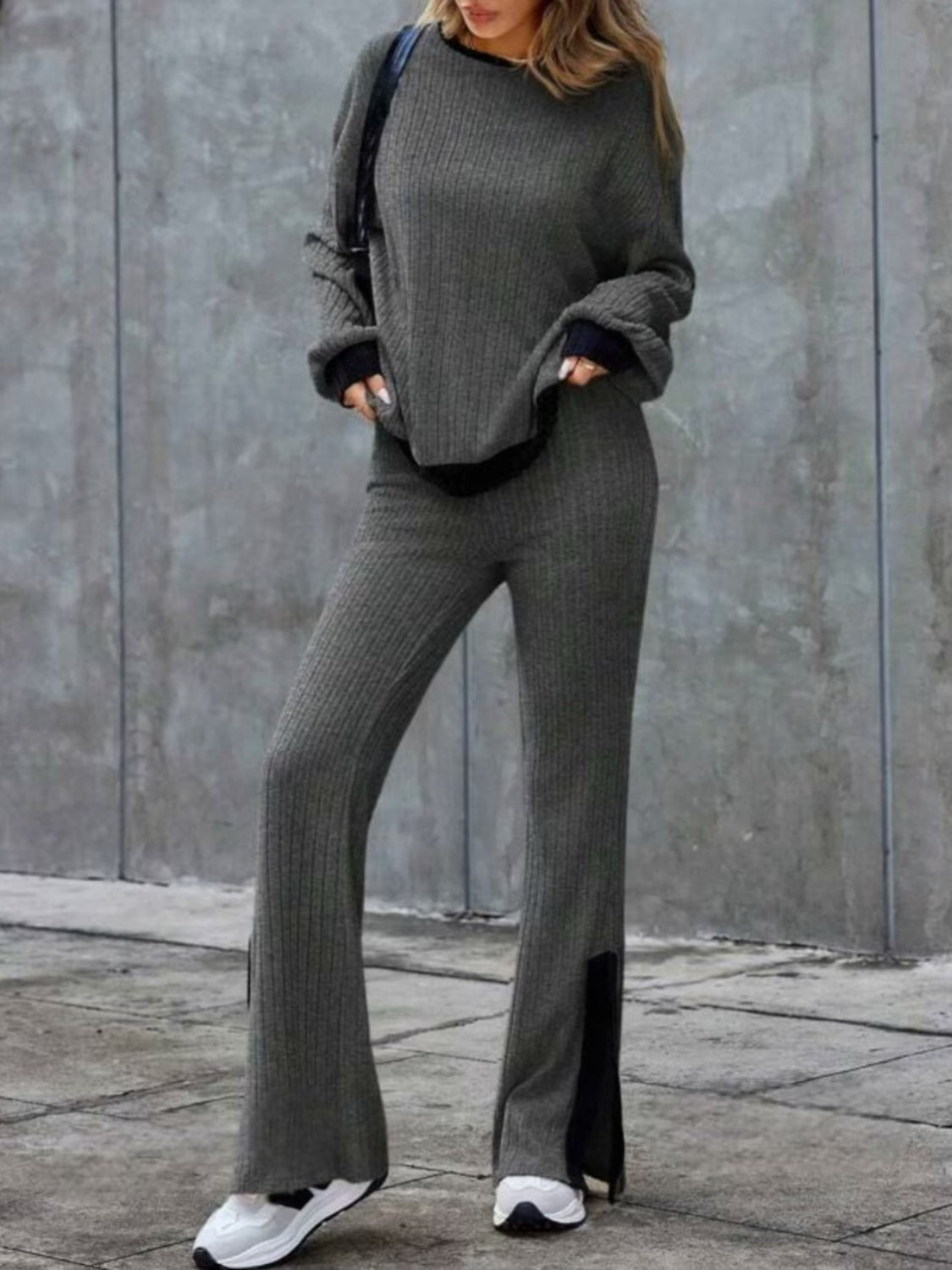 Contrast Round Neck Long Sleeve Top and Bootcut Pants Set Trandify Deal