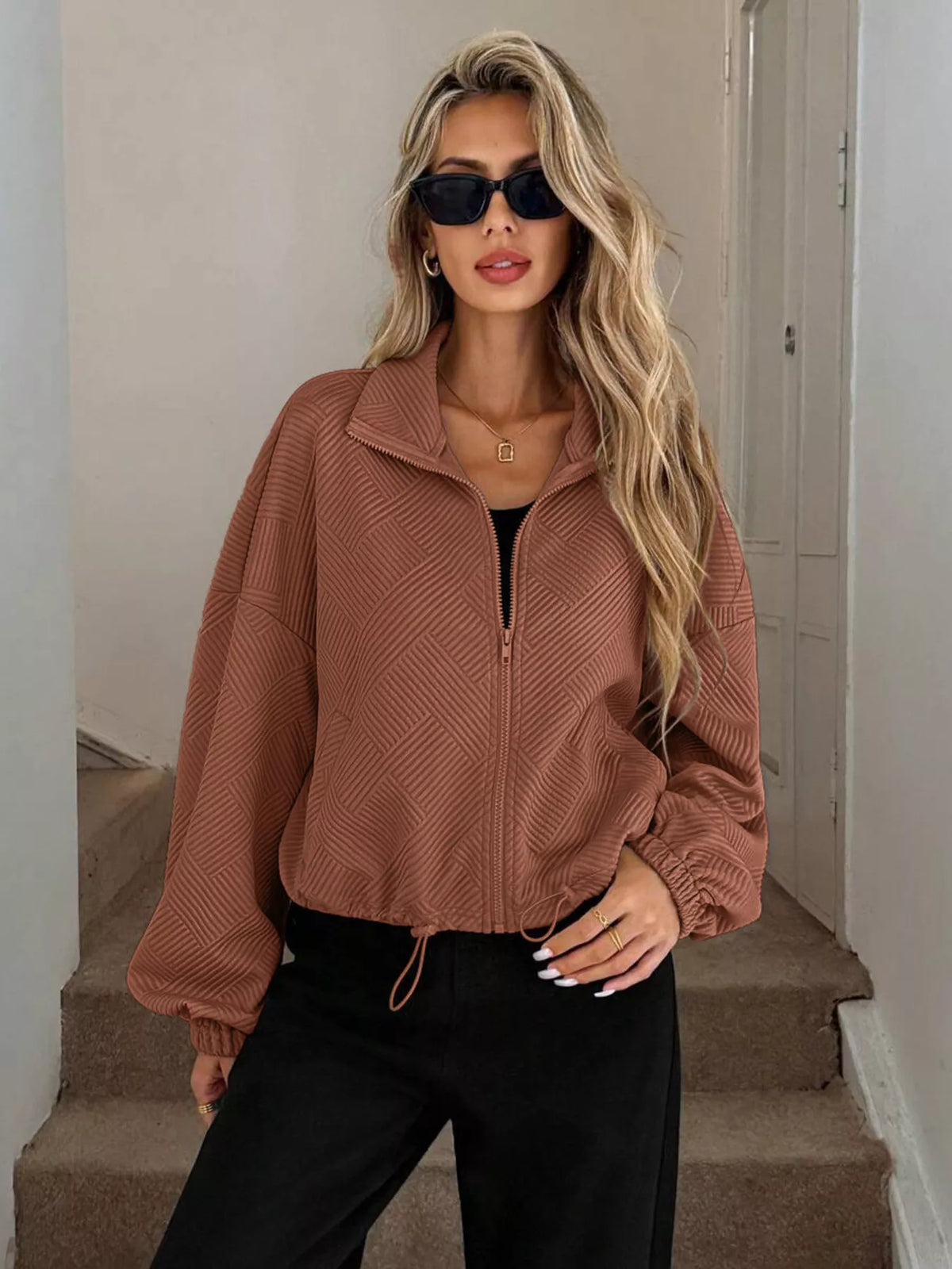 Women's Ribbed Drawstring Jacket - Casual Long Sleeve Zip-Up