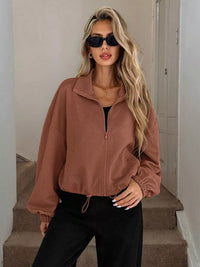 Women's Ribbed Drawstring Jacket - Casual Long Sleeve Zip-Up