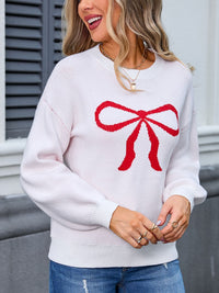 Bow Graphic Round Neck Long Sleeve Sweater Trandify Deal