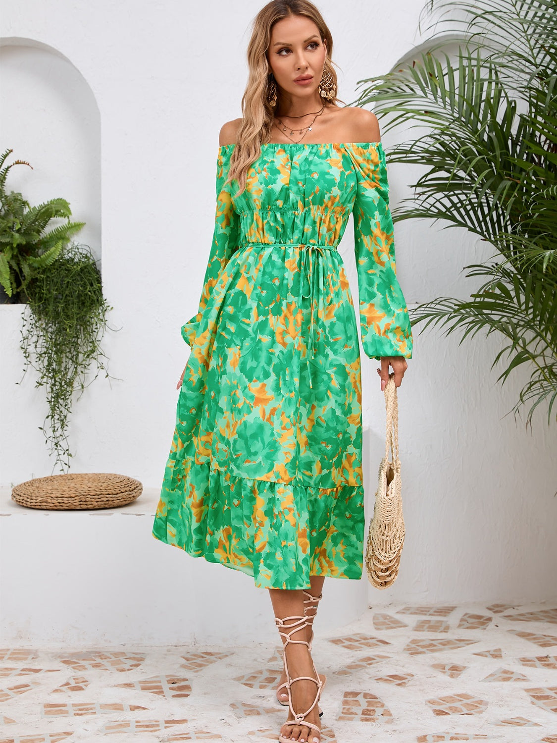 Printed Long Sleeve Midi Dress Trandify Deal