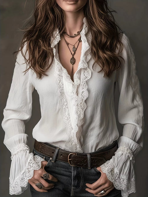 Lace Trim Button Up Shirt - Effortlessly Feminine