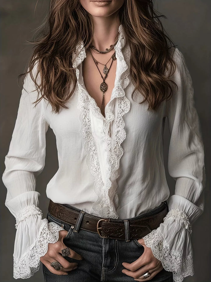 Lace Trim Button Up Shirt - Effortlessly Feminine