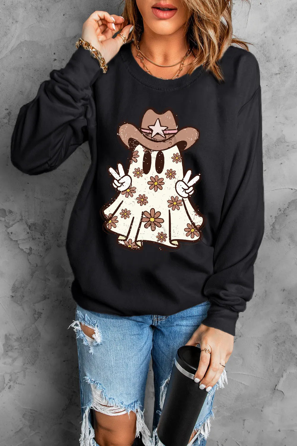 Ghost Round Neck Long Sleeve Sweatshirt Trandify Deal