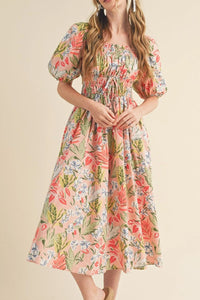 Floral Smocked Square Neck Puff Sleeve Midi Dress for Women – Summer Outfit USA