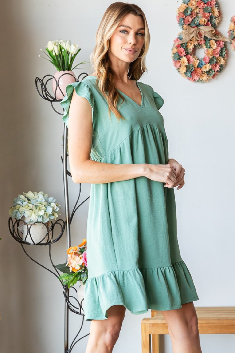 Heimish Full Size Short Sleeve V Neck Ruffled Hem Dress Trandify deal