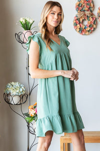 Heimish Full Size Short Sleeve V Neck Ruffled Hem Dress Trandify deal