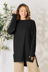Basic Bae Full Size Ribbed Round Neck Long Sleeve Slit Top Trandify Deal